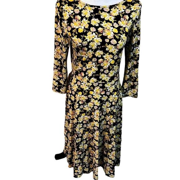Downeast Dresses & Skirts - Downeast Women Yellow Floral 3/4 Sleeve Stretchy Fit Flare Swing Midi Dress Sz M